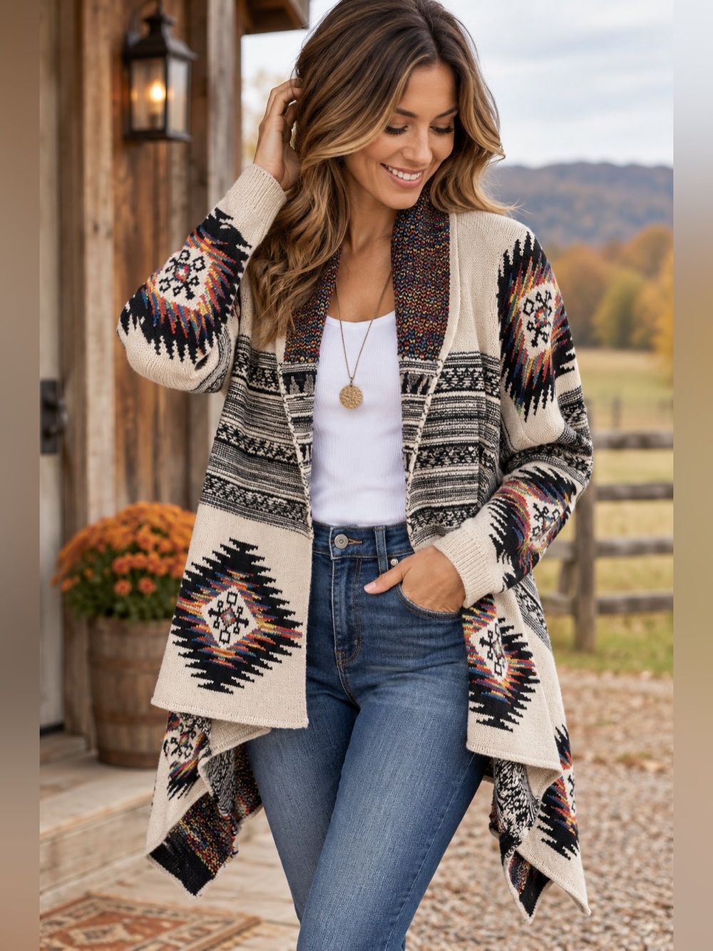 Northern Angel Aztec Southwestern Waterfall Open Front Cardigan Medium Tribal